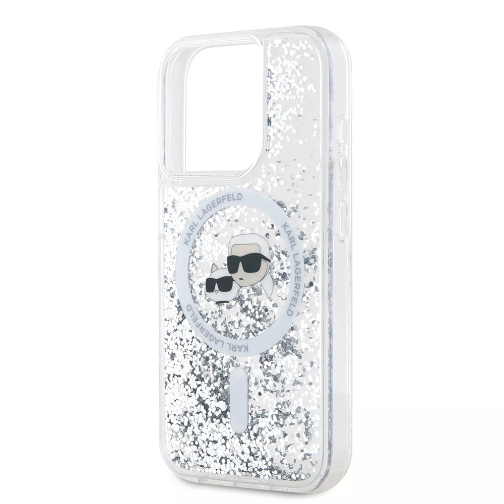 Funda MagSafe para Apple iPhone 15 Pro, Karl Lagerfeld, Liquid Glitter Karl & Choupette's Heads, Transparente