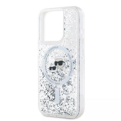Funda MagSafe para Apple iPhone 15 Pro, Karl Lagerfeld, Liquid Glitter Karl & Choupette's Heads, Transparente