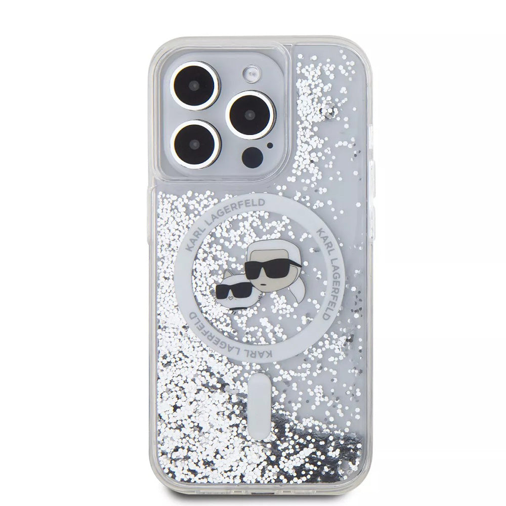Funda MagSafe para Apple iPhone 15 Pro, Karl Lagerfeld, Liquid Glitter Karl & Choupette's Heads, Transparente