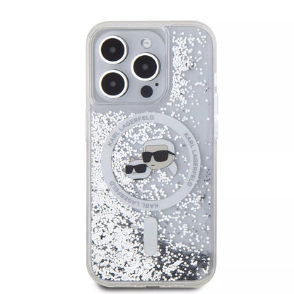 Funda MagSafe para Apple iPhone 15 Pro, Karl Lagerfeld, Liquid Glitter Karl & Choupette's Heads, Transparente