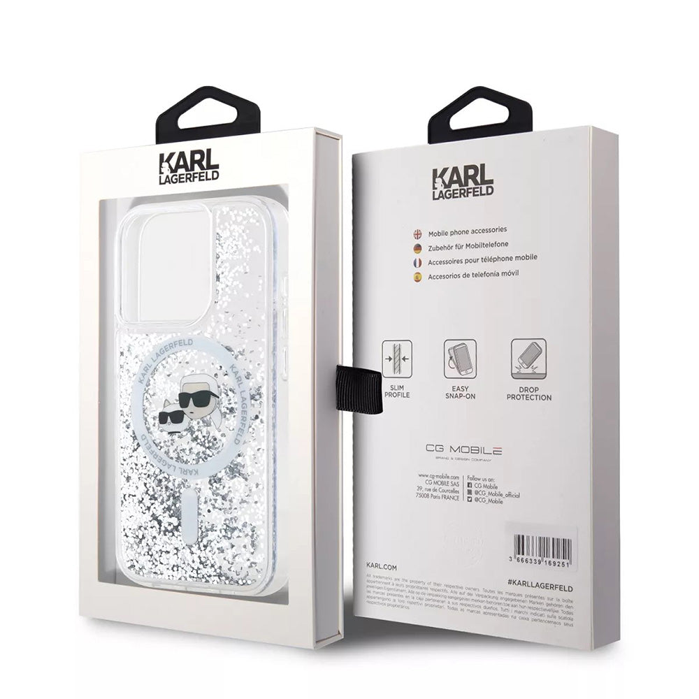 Funda MagSafe para Apple iPhone 15 Pro, Karl Lagerfeld, Liquid Glitter Karl & Choupette's Heads, Transparente