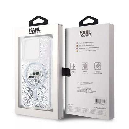 Funda MagSafe para Apple iPhone 15 Pro, Karl Lagerfeld, Liquid Glitter Karl & Choupette's Heads, Transparente