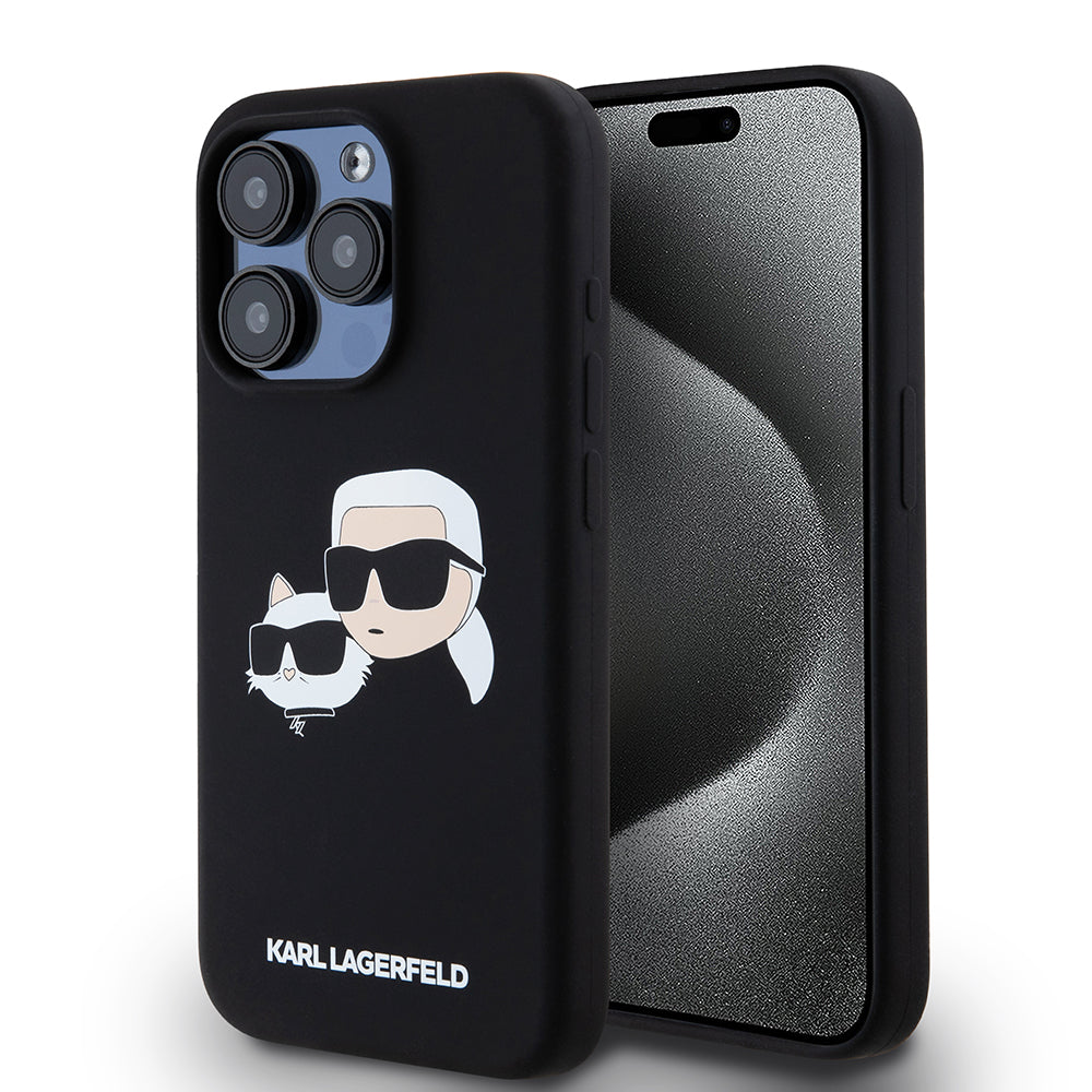 Funda MagSafe para Apple iPhone 15 Pro, Karl Lagerfeld, Silicona Karl & Choupette's Heads, Negra