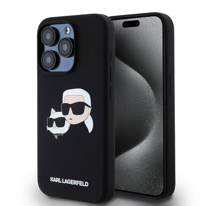 Funda MagSafe para Apple iPhone 15 Pro, Karl Lagerfeld, Silicona Karl & Choupette's Heads, Negra