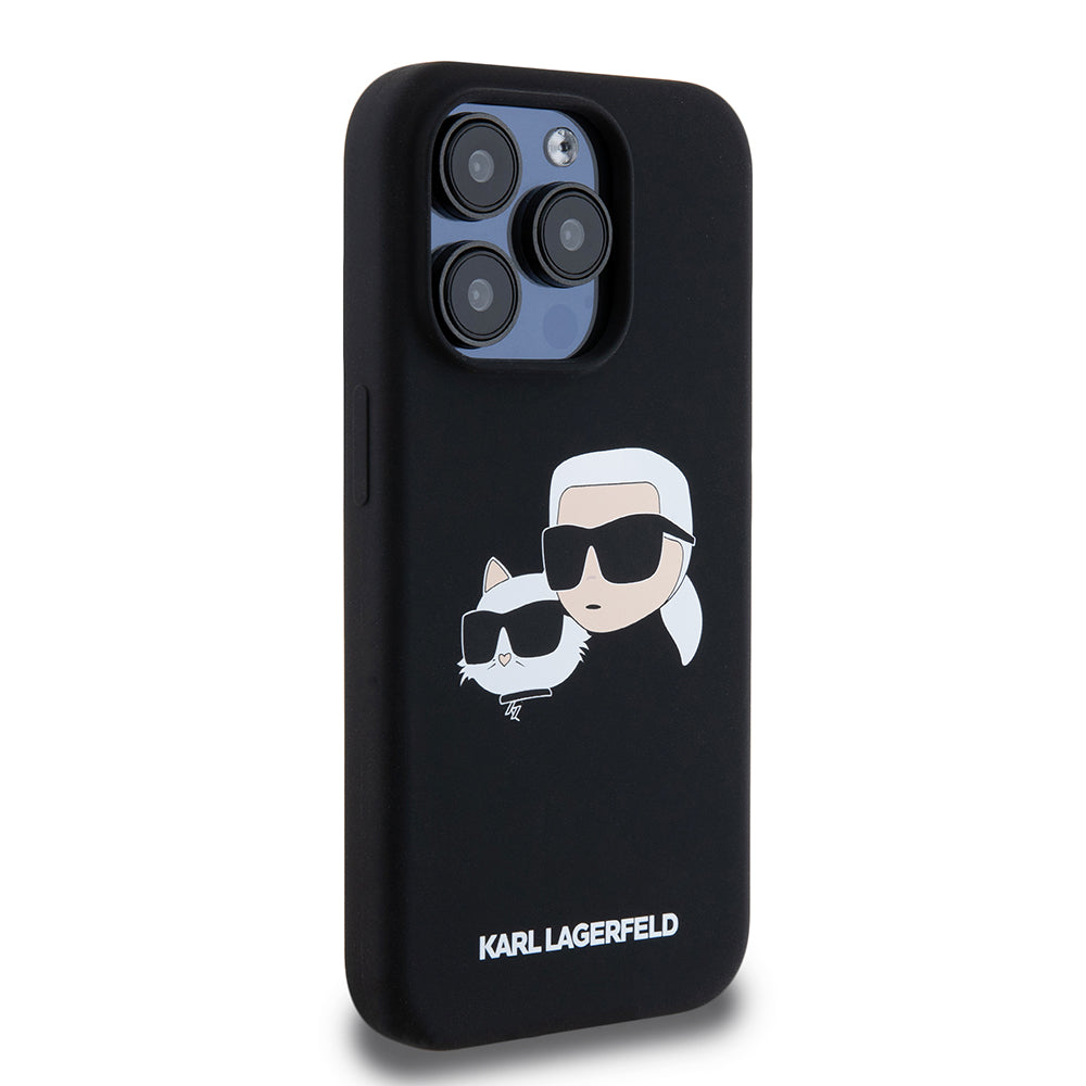 Funda MagSafe para Apple iPhone 15 Pro, Karl Lagerfeld, Silicona Karl & Choupette's Heads, Negra