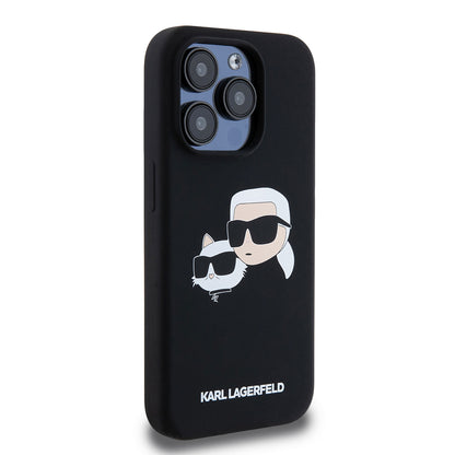 Funda MagSafe para Apple iPhone 15 Pro, Karl Lagerfeld, Silicona Karl & Choupette's Heads, Negra