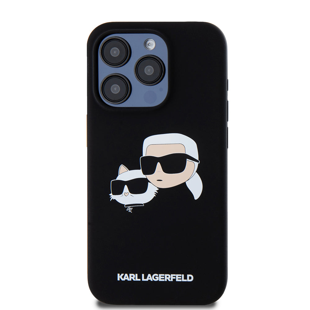 Funda MagSafe para Apple iPhone 15 Pro, Karl Lagerfeld, Silicona Karl & Choupette's Heads, Negra