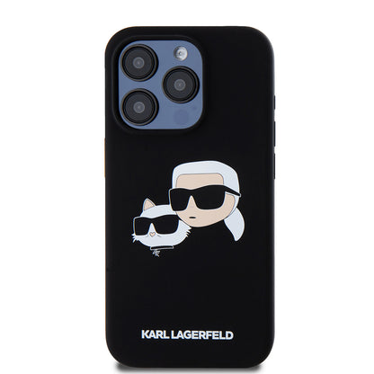 Funda MagSafe para Apple iPhone 15 Pro, Karl Lagerfeld, Silicona Karl & Choupette's Heads, Negra