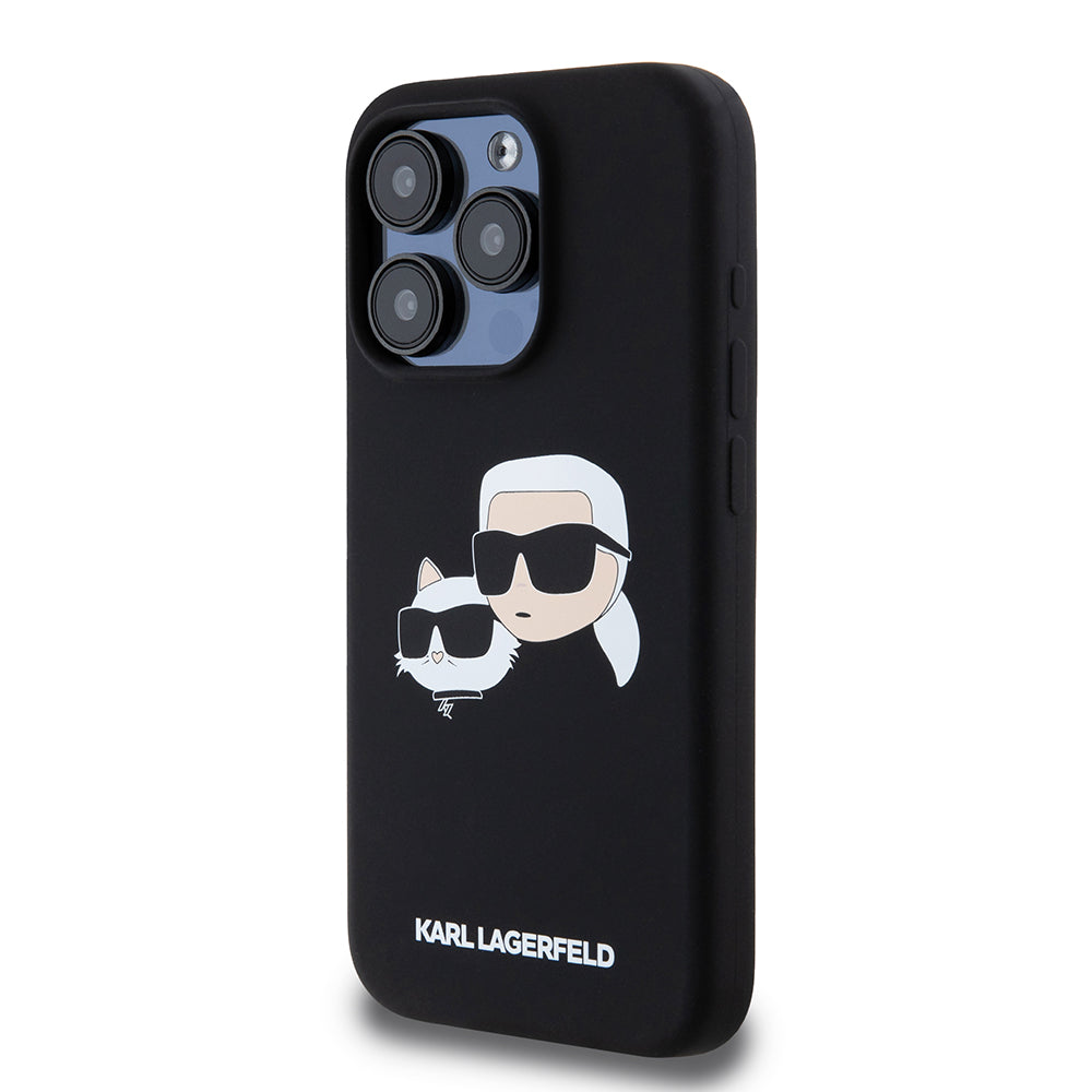 Funda MagSafe para Apple iPhone 15 Pro, Karl Lagerfeld, Silicona Karl & Choupette's Heads, Negra