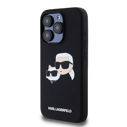 Funda MagSafe para Apple iPhone 15 Pro, Karl Lagerfeld, Silicona Karl & Choupette's Heads, Negra