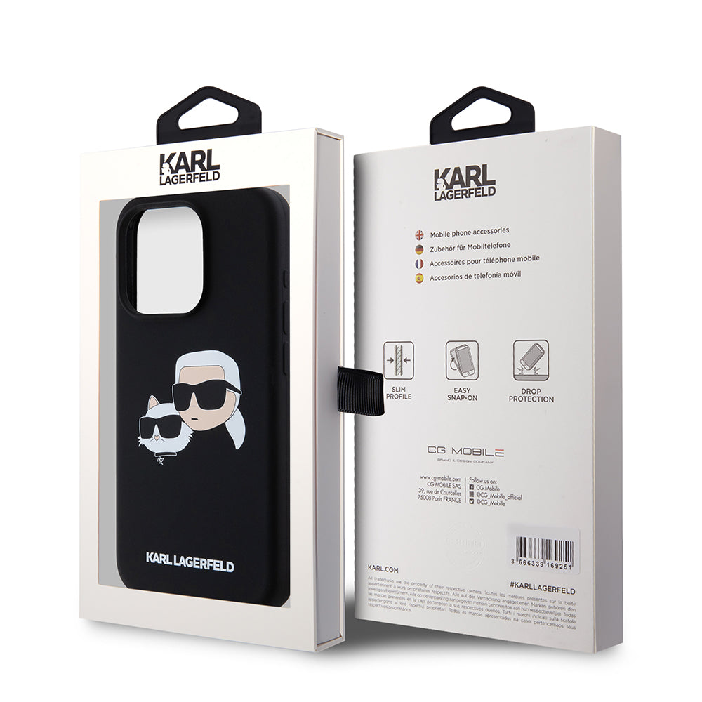 Funda MagSafe para Apple iPhone 15 Pro, Karl Lagerfeld, Silicona Karl & Choupette's Heads, Negra