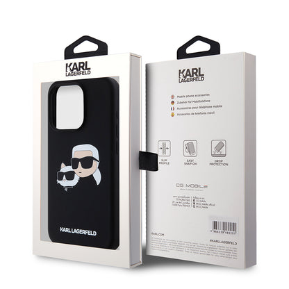 Funda MagSafe para Apple iPhone 15 Pro, Karl Lagerfeld, Silicona Karl & Choupette's Heads, Negra
