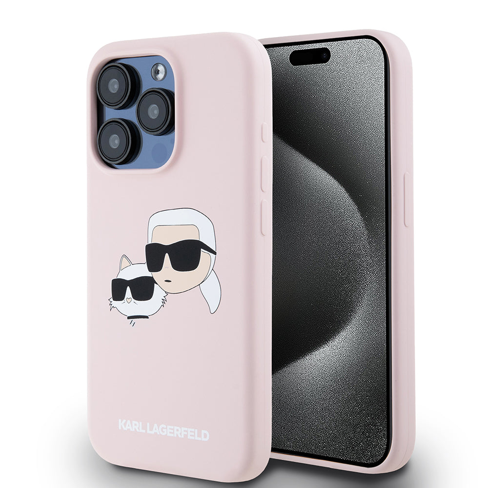 Funda MagSafe para Apple iPhone 15 Pro, Karl Lagerfeld, Silicona Karl & Choupette's Heads, Rosa