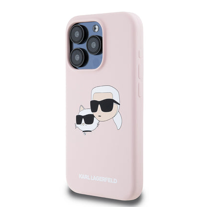 Funda MagSafe para Apple iPhone 15 Pro, Karl Lagerfeld, Silicona Karl & Choupette's Heads, Rosa
