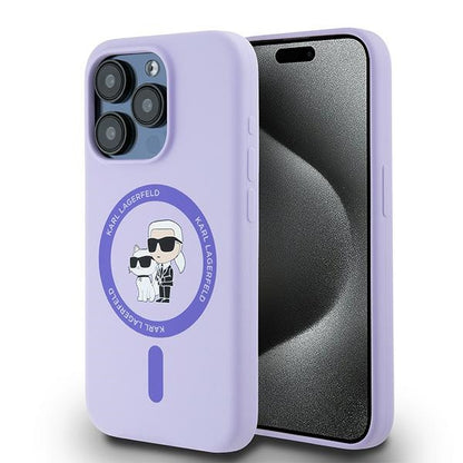Funda MagSafe para Apple iPhone 15 Pro, Karl Lagerfeld, Anillo de Silicona Karl & Choupette, Morado