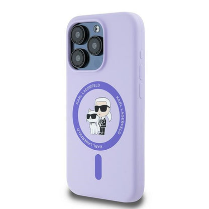 Funda MagSafe para Apple iPhone 15 Pro, Karl Lagerfeld, Anillo de Silicona Karl & Choupette, Morado