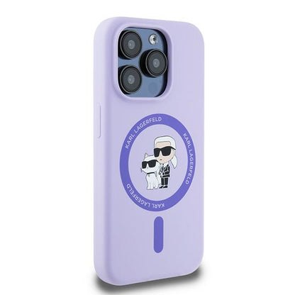 Funda MagSafe para Apple iPhone 15 Pro, Karl Lagerfeld, Anillo de Silicona Karl & Choupette, Morado