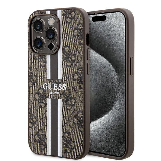 Funda MagSafe para Apple iPhone 15 Pro Max, Guess, 4G Printed Stripes, Marrón