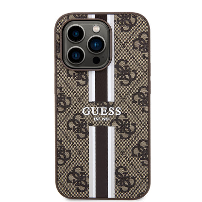 Funda MagSafe para Apple iPhone 15 Pro Max, Guess, 4G Printed Stripes, Marrón
