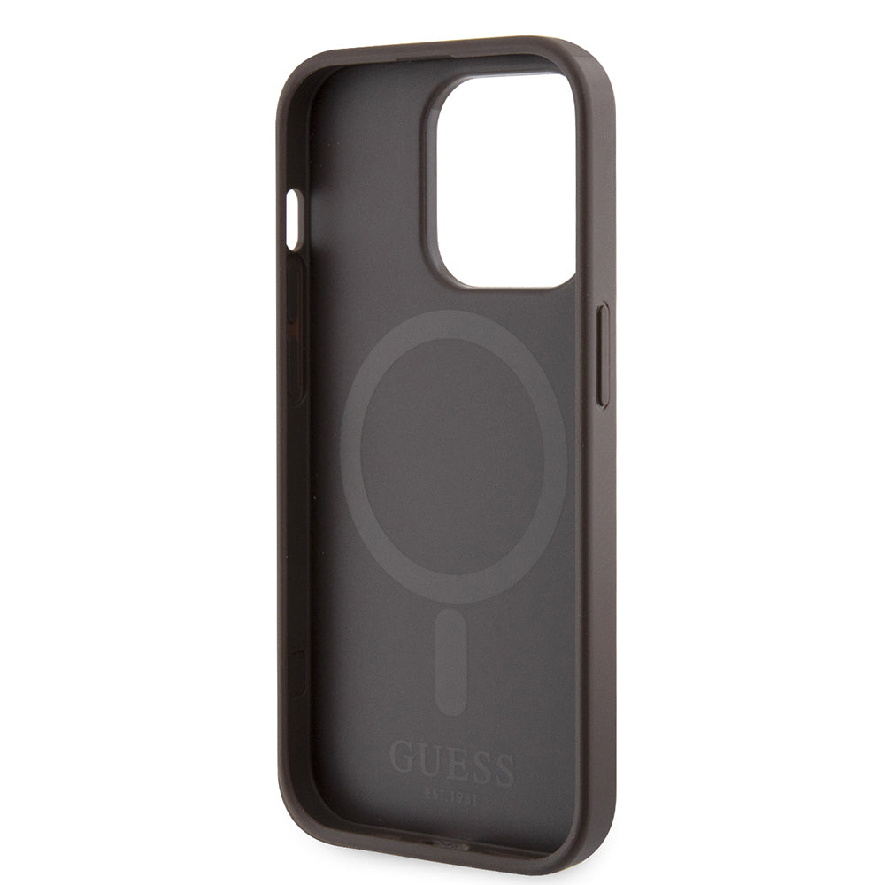 Funda MagSafe para Apple iPhone 15 Pro Max, Guess, 4G Printed Stripes, Marrón