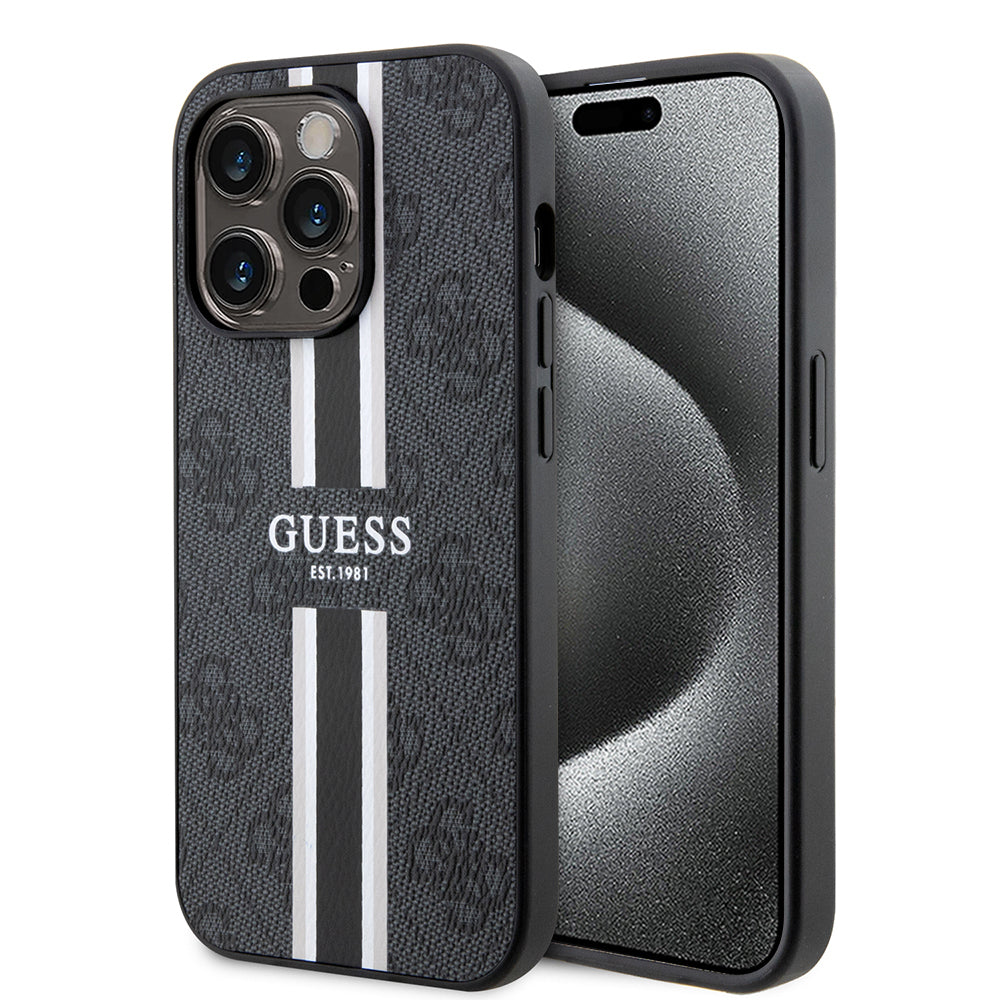 Funda MagSafe para Apple iPhone 15 Pro Max, Guess, 4G Printed Stripes, Negra