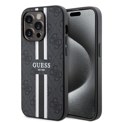 Funda MagSafe para Apple iPhone 15 Pro Max, Guess, 4G Printed Stripes, Negra
