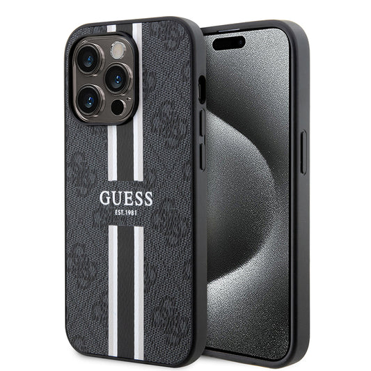 Funda MagSafe para Apple iPhone 15 Pro Max, Guess, 4G Printed Stripes, Negra