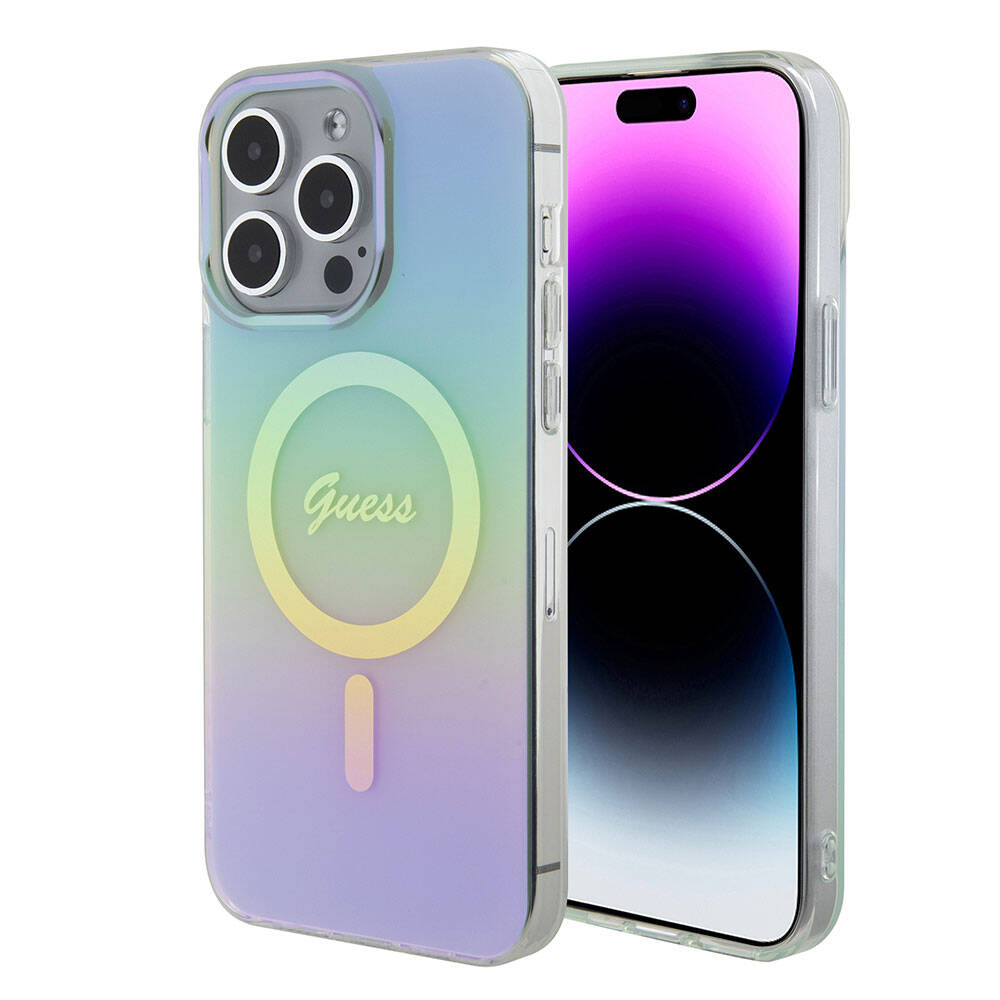 Funda MagSafe para Apple iPhone 15 Pro Max, Guess, IML Iridescente, Turquesa