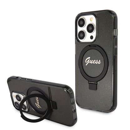 Funda MagSafe para Apple iPhone 15 Pro Max, Guess, IML Ring Stand Glitter, Negra