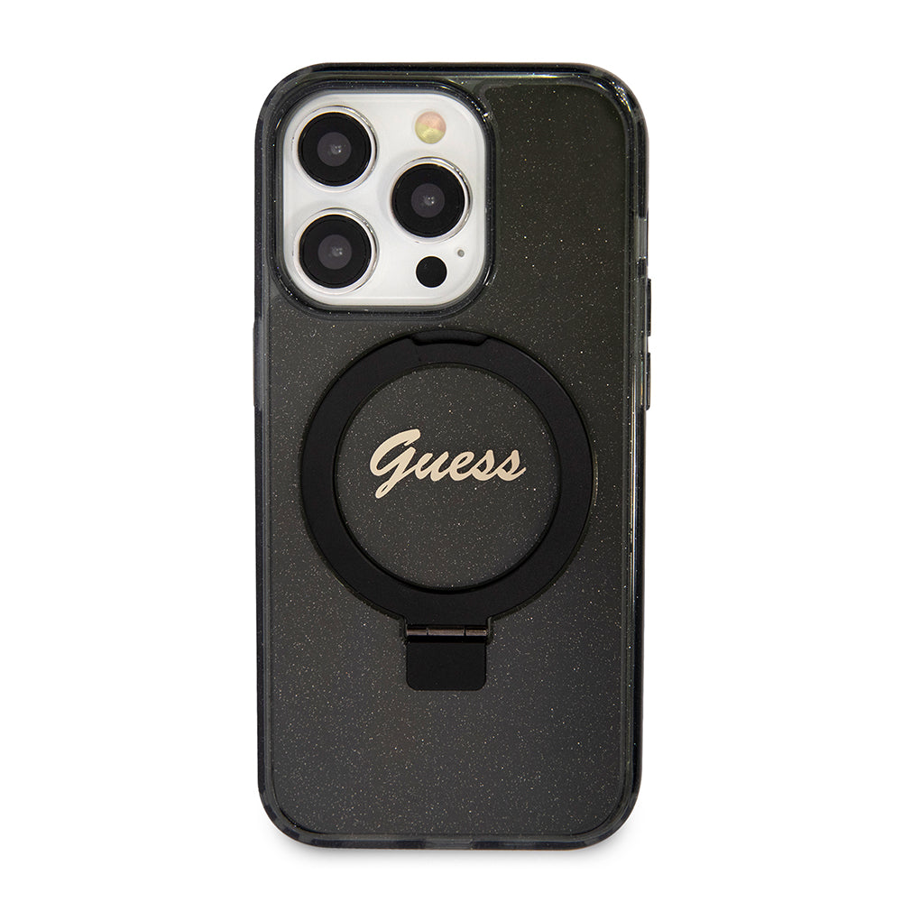 Funda MagSafe para Apple iPhone 15 Pro Max, Guess, IML Ring Stand Glitter, Negra
