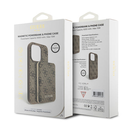 Funda MagSafe para Apple iPhone 15 Pro Max, Guess, Powerbank 4G Metal Logo, Marrón