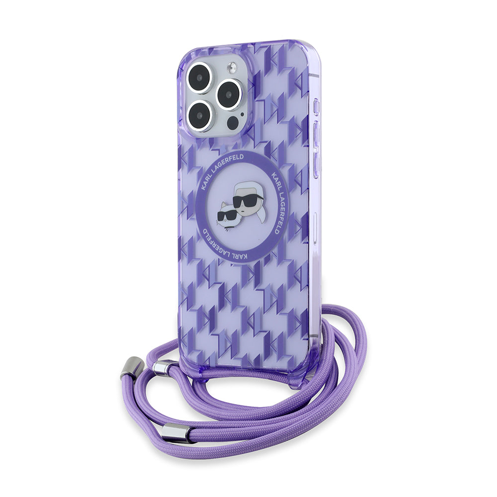 Funda MagSafe para Apple iPhone 15 Pro Max, Karl Lagerfeld, IML Crossbody Monogram Karl & Choupette's Heads, Morado