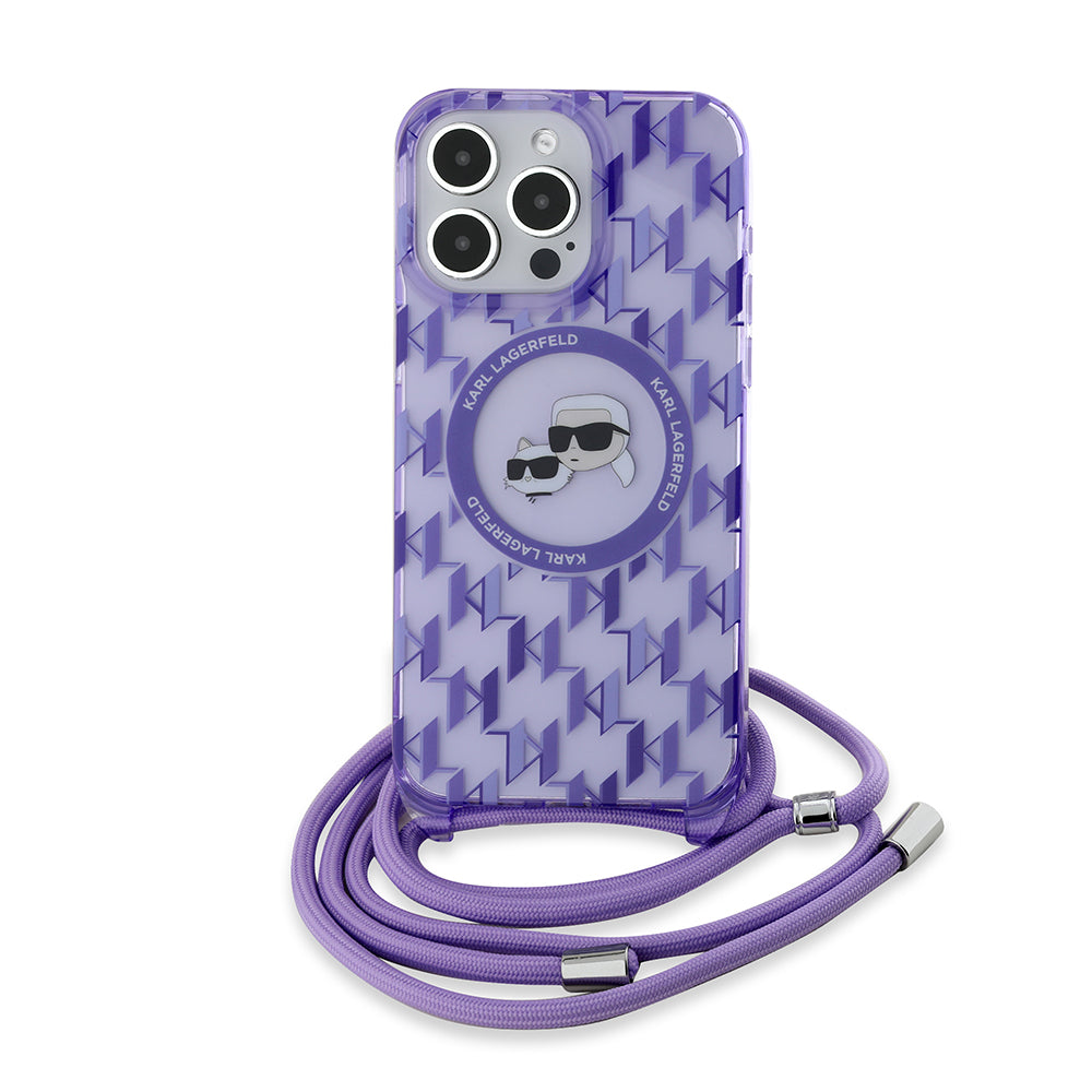 Funda MagSafe para Apple iPhone 15 Pro Max, Karl Lagerfeld, IML Crossbody Monogram Karl & Choupette's Heads, Morado
