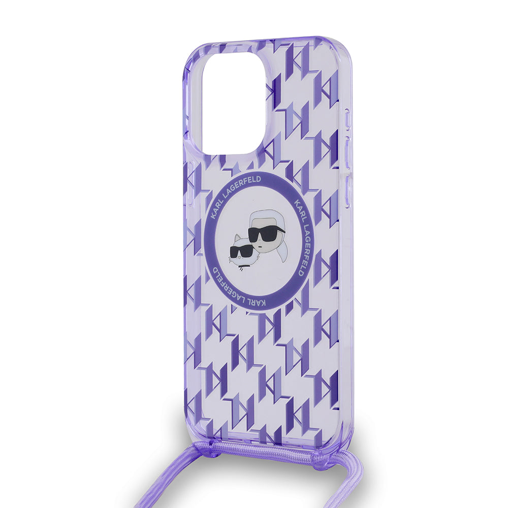 Funda MagSafe para Apple iPhone 15 Pro Max, Karl Lagerfeld, IML Crossbody Monogram Karl & Choupette's Heads, Morado