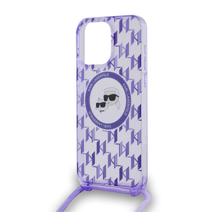 Funda MagSafe para Apple iPhone 15 Pro Max, Karl Lagerfeld, IML Crossbody Monogram Karl & Choupette's Heads, Morado
