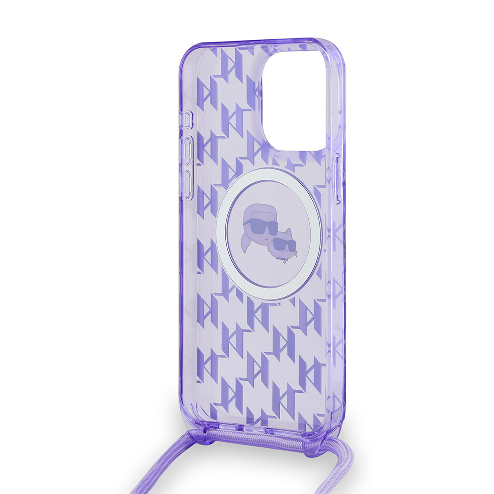 Funda MagSafe para Apple iPhone 15 Pro Max, Karl Lagerfeld, IML Crossbody Monogram Karl & Choupette's Heads, Morado