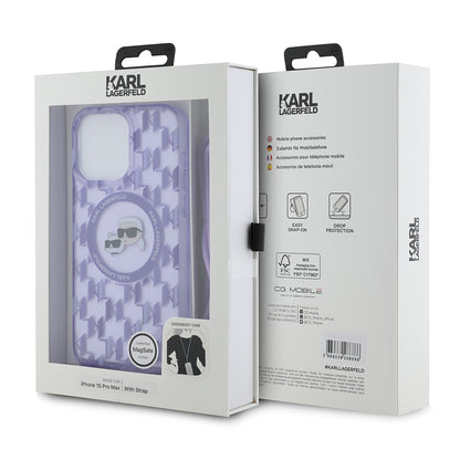 Funda MagSafe para Apple iPhone 15 Pro Max, Karl Lagerfeld, IML Crossbody Monogram Karl & Choupette's Heads, Morado