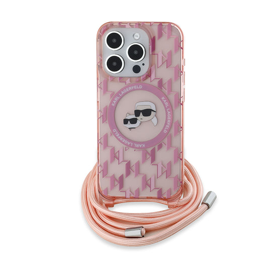 Funda MagSafe para Apple iPhone 15 Pro Max, Karl Lagerfeld, IML Crossbody Monogram Karl & Choupette's Heads, Rosa