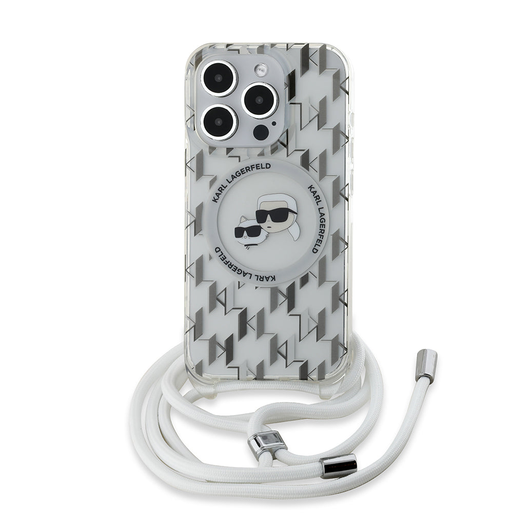 Funda MagSafe para Apple iPhone 15 Pro Max, Karl Lagerfeld, IML Crossbody Monogram Karl & Choupette's Heads, Transparente