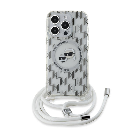 Funda MagSafe para Apple iPhone 15 Pro Max, Karl Lagerfeld, IML Crossbody Monogram Karl & Choupette's Heads, Transparente