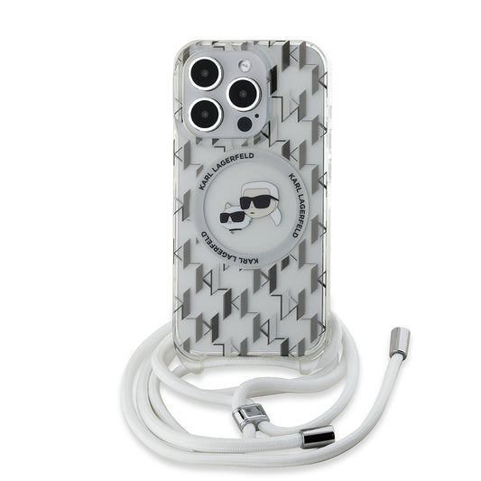 Funda MagSafe para Apple iPhone 15 Pro Max, Karl Lagerfeld, IML Crossbody Monogram Karl & Choupette's Heads, Transparente