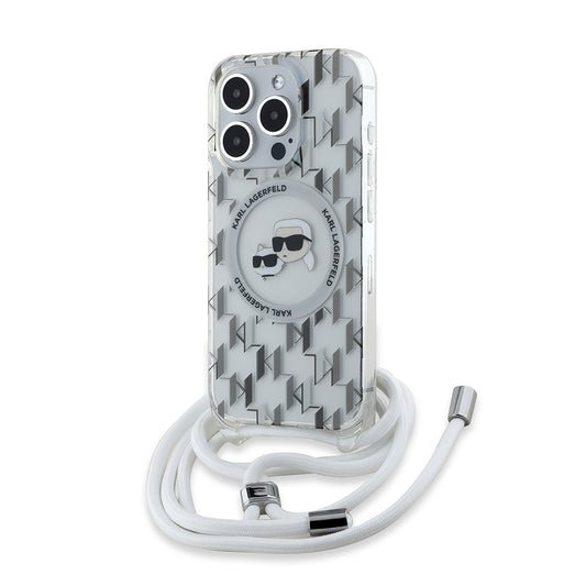 Funda MagSafe para Apple iPhone 15 Pro Max, Karl Lagerfeld, IML Crossbody Monogram Karl & Choupette's Heads, Transparente