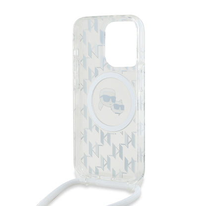 Funda MagSafe para Apple iPhone 15 Pro Max, Karl Lagerfeld, IML Crossbody Monogram Karl & Choupette's Heads, Transparente