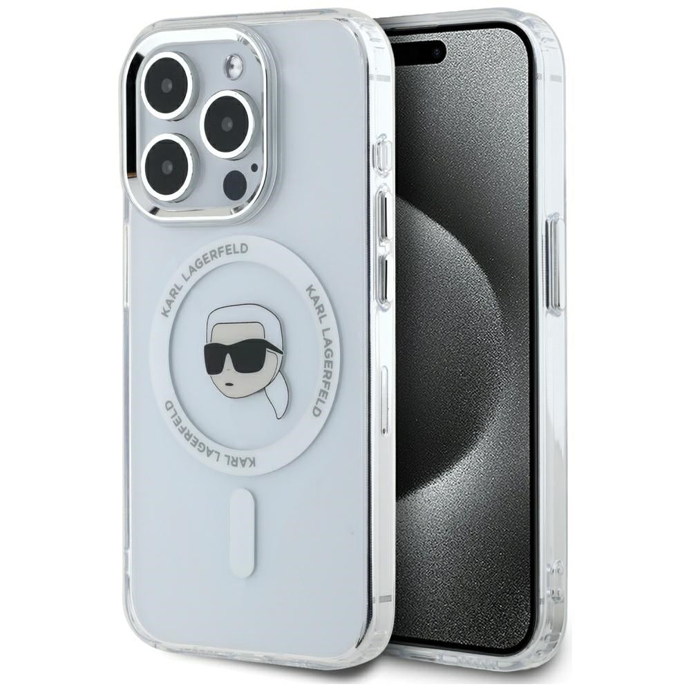 Funda MagSafe para Apple iPhone 15 Pro Max, Karl Lagerfeld, IML Metal Karl's Head, Blanca.
