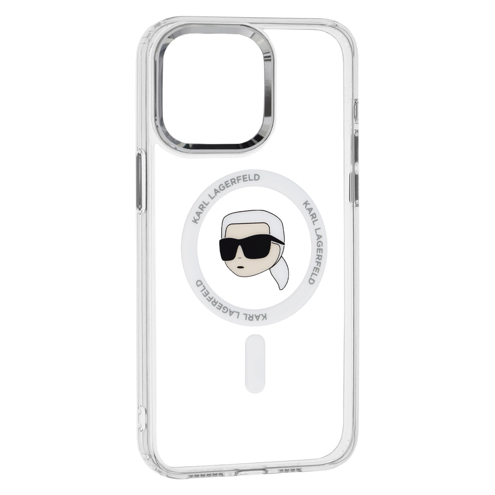 Funda MagSafe para Apple iPhone 15 Pro Max, Karl Lagerfeld, IML Metal Karl's Head, Blanca.