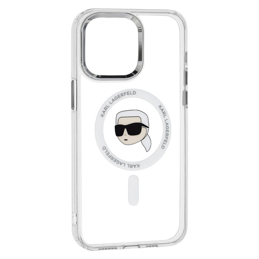 Funda MagSafe para Apple iPhone 15 Pro Max, Karl Lagerfeld, IML Metal Karl's Head, Blanca.
