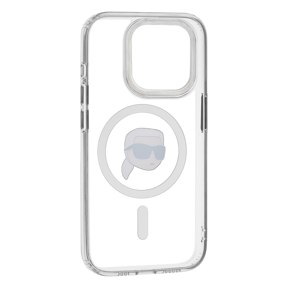 Funda MagSafe para Apple iPhone 15 Pro Max, Karl Lagerfeld, IML Metal Karl's Head, Blanca.