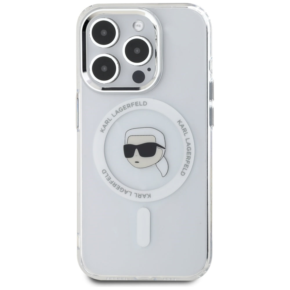Funda MagSafe para Apple iPhone 15 Pro Max, Karl Lagerfeld, IML Metal Karl's Head, Blanca.