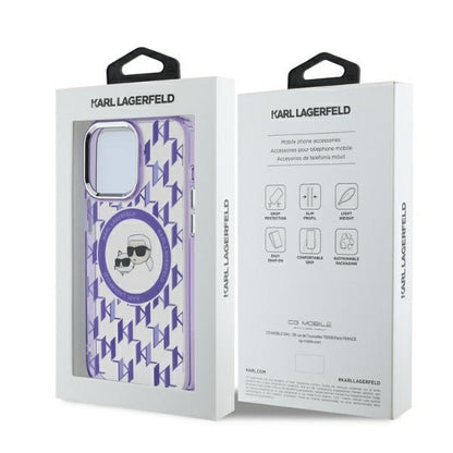 Funda MagSafe para Apple iPhone 15 Pro Max, Karl Lagerfeld, IML Monogram Karl & Choupette's Heads, Morado