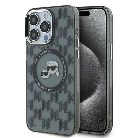 Funda MagSafe para Apple iPhone 15 Pro Max, Karl Lagerfeld, IML Monogram Karl & Choupette's Heads, Negra.